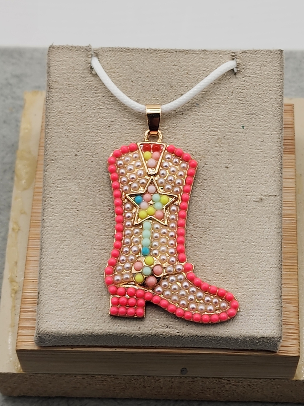 Beaded Cowboy Boot Pendant Necklace — Neon Pink with Pastel Accents